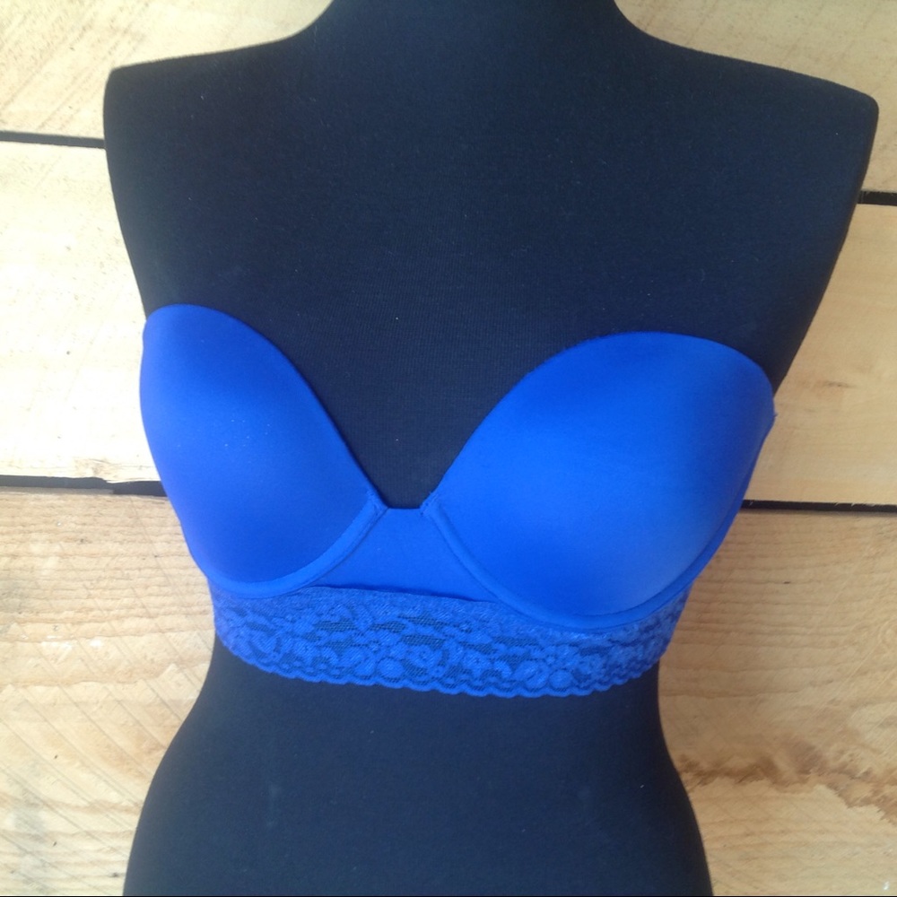 PINK Bustier 34D Blue Strapless Lace Push-up
